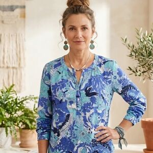 Talbots Womens Cotton Blouse Blue Turquoise Floral Print Collared Size Medium